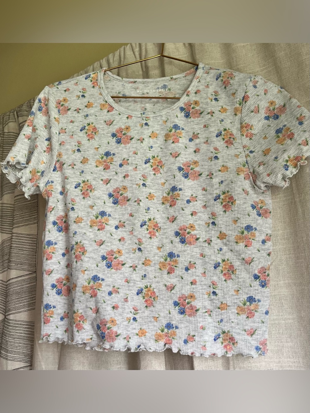 American Eagle Floral Waffle Knit Lettuce Trim Tee Cottagecore Size Large